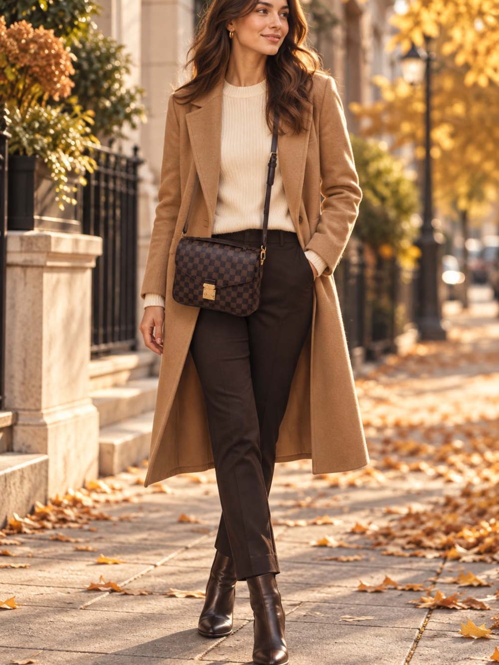Damier Ebene Style Checkered Crossbody Bag with Gold Hardware